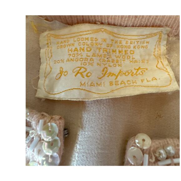Vintage Jo Ro Imports Angora Lamb Wool Beaded Sequin pink white Cardigan small - Picture 11 of 16